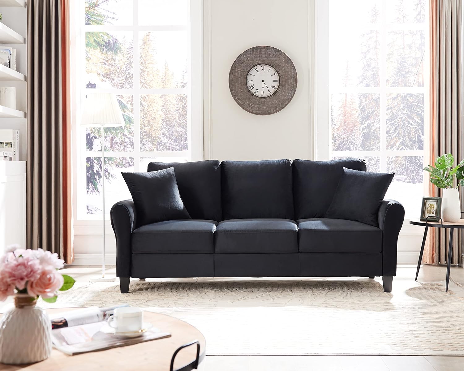 Modern Velvet Couch with 2 Pillow, 78 Inch Width Living Room Furniture, 3 Seater Sofa with Plastic Legs (Black)