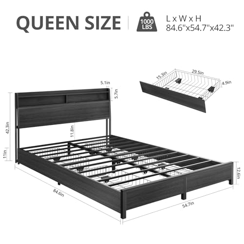 EVASTAR Queen Bed Frame with Storage Headboard and 4 Drawers, Metal Platform Bed Frame with Charging Station, Easy Assembly, Black