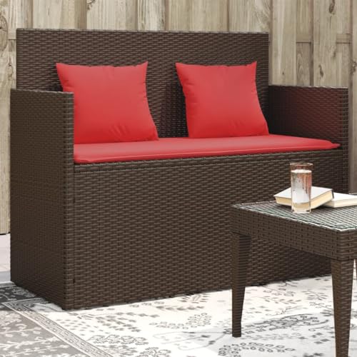 Outdoor Patio Bench with Blue Cushions, 2-Person Wicker Garden Patio Benches Seating Furniture with Storage Space, Patio Loveseat Wicker 2-Seat, Black Poly Rattan