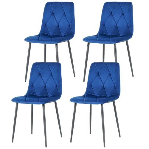 Velvet Dining Chairs Set of 4, Modern Upholstered Dining Room Chairs Tufted Dinner Chairs Counter Stools Kitchen Chairs with Black Metal Legs Curved Backrest, Retro Green