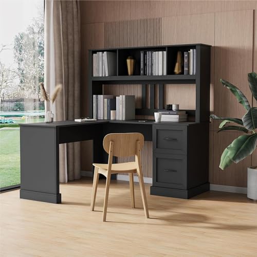 L Shaped Desk with Hutch, Corner Desk, Study Table Writing Desk, Home Office Computer Desk with Storage Rack Drawer for Home, Office