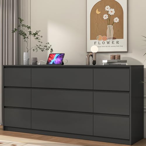 White Dresser for Bedroom, Modern 9 Drawer Dresser with Charging Station, 63 Inch Large Wood Chest of Drawers Handle Free, Long Dresser for Bedroom, Living Room, Entryway, Hallway