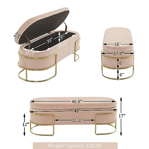 MOJAY Storage Ottoman Bench, Modern Velvet 48 Inch Oval Bed End Bench for Bedroom, Upholstered Footstool Bench with Metal Frame Surround Support for Bedroom, Living Room, Entryway