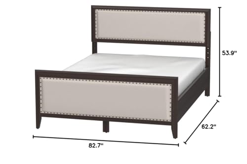 DG Casa Salerno Solid Wood Platform Queen Bed Frame - No Box Spring Needed - Upholstered in Natural Fabric with Nailhead Trim