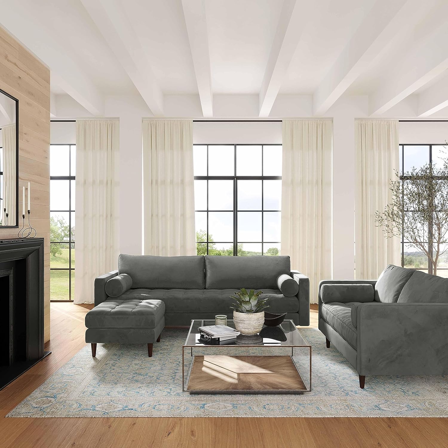 TOV Furniture Cave Ash Gray Velvet Upholstered Ottoman