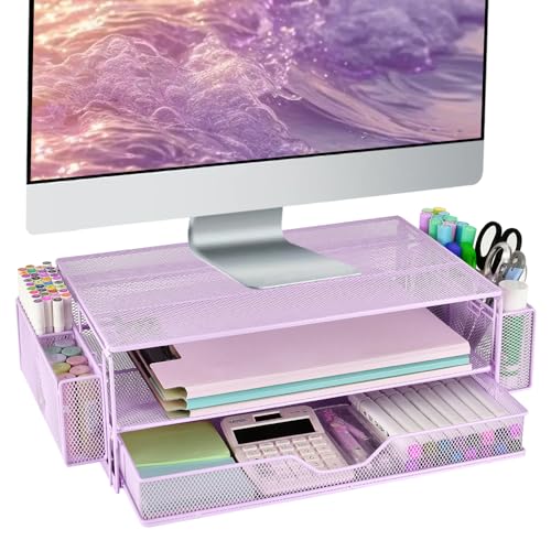 AUPSEN 2 Tier Computer Monitor Stands with Drawers and 2 Pen Holder, Desk Accessories & Workspace Desk Organizers, Desktop Organizer for Computer, Laptop, Printer, Office Supplies(Rose Gold)