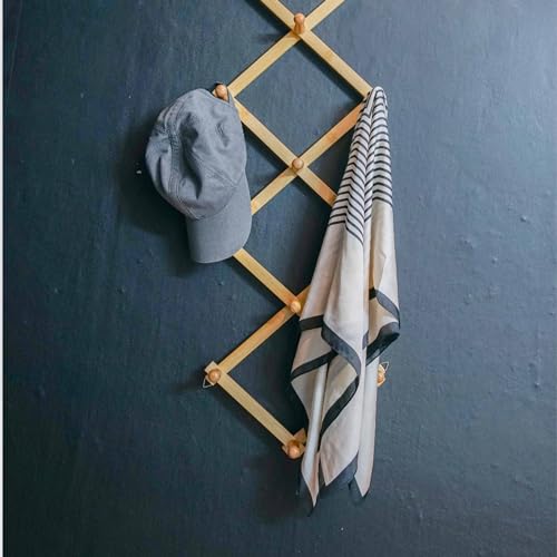 Modern Farmhouse Expandable Bamboo Coat Rack - Accordion Wall Hanger with 13 Wooden Peg Hooks, Expandable Wall Mounted Hat Rack, Ideal for Coats, Hats, Mugs - Natural Finish