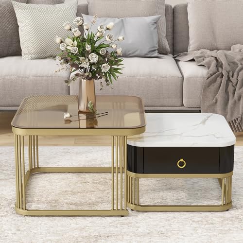 Nesting Coffee Table Set of 2, Round Coffee Tables, Center Table for Living Room, Modern Coffee Table with Marble Tabletop&Golden Iron Frame