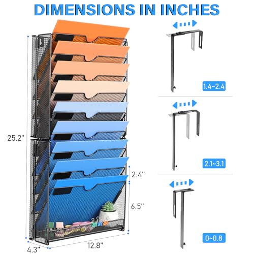 Wall File Organizer, 10 Pockets Mesh Hanging File Organizer, Wall Mount File Paper Folder Holder With Hooks, Wall Organizer Magazine Document Mail for Office School, Black