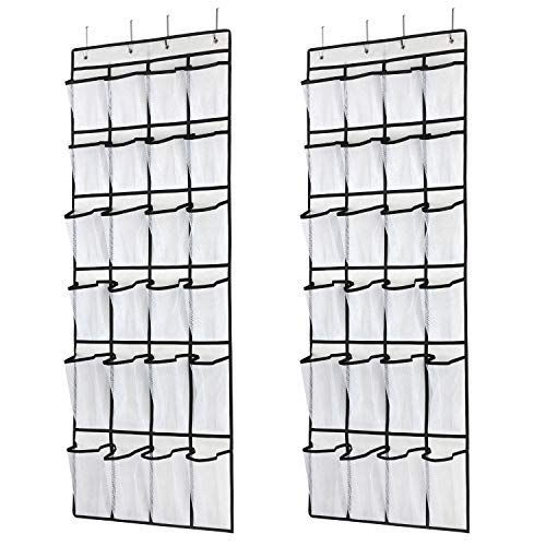 Hanging Shoe Organizer, Over The Door Shoe Organizer with 24 Mesh Large Pockets Door Shoe Rack for Men Women Kids Hanging Door Shoe Holder Size:58x21 Inch (White-2pack)