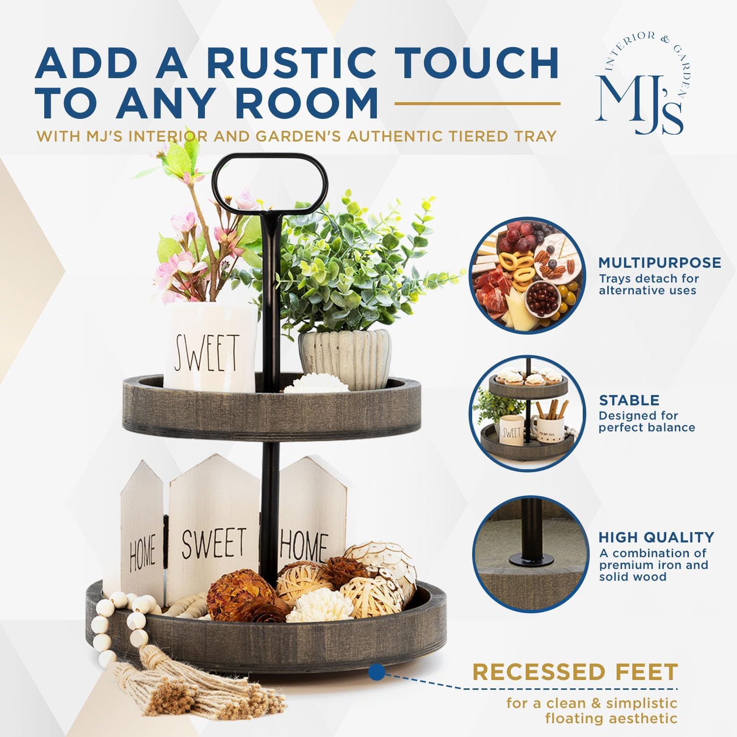 Tiered Tray Stand - 2 Tier Tray for Fruit & Cupcake Stand - Farmhouse Tiered Tray Decor Holder - 2 Tiered Tray Stand Desert Tray - Wooden Trays for Decor - Two Tiered Serving Tray - Desert Stands