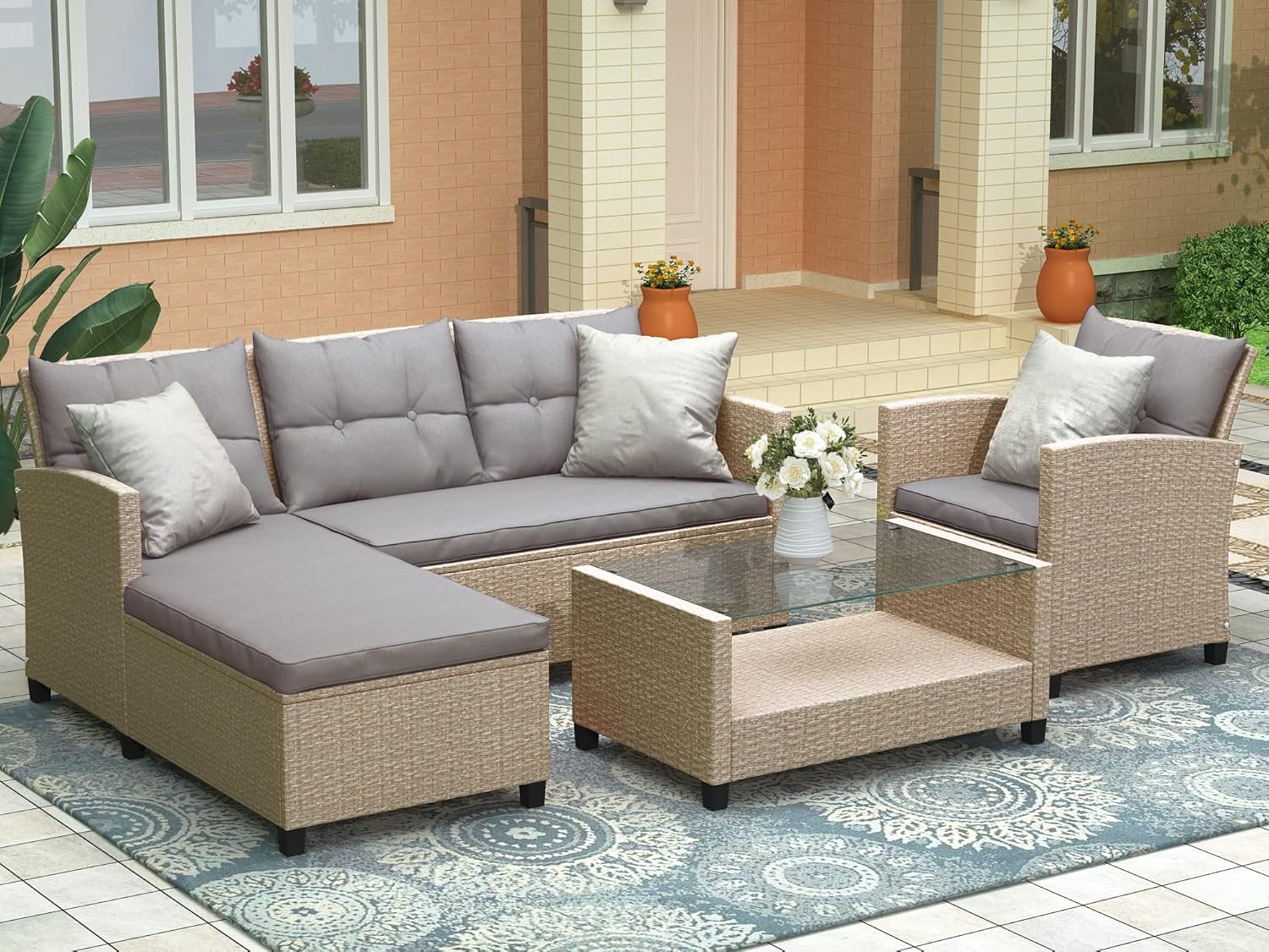 Patio Furniture Sets, 4 Pcs Outdoor Conversation Set All Weather Wicker Ratten Sectional Sofa with 2-Seater Sofá and lounge Couch&Chair, Coffee Table, Seat Cushions, fit for Yard Garden Porch