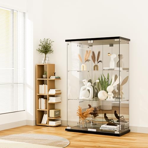 Glass Display Cabinet, 4-Shelf 3 Doors with Mirror & Lock, Tempered Glass Curio Display Cabinet Standing Glass Bookshelf Showcase for Bedroom, Living Room, Black