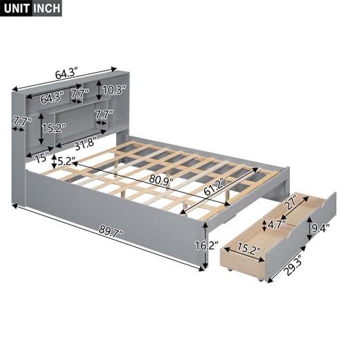 Full Size Platform Bed with Storage Headboard and 2 Drawers, Solid Wood Bed Frame, Spring Box Not Required, White