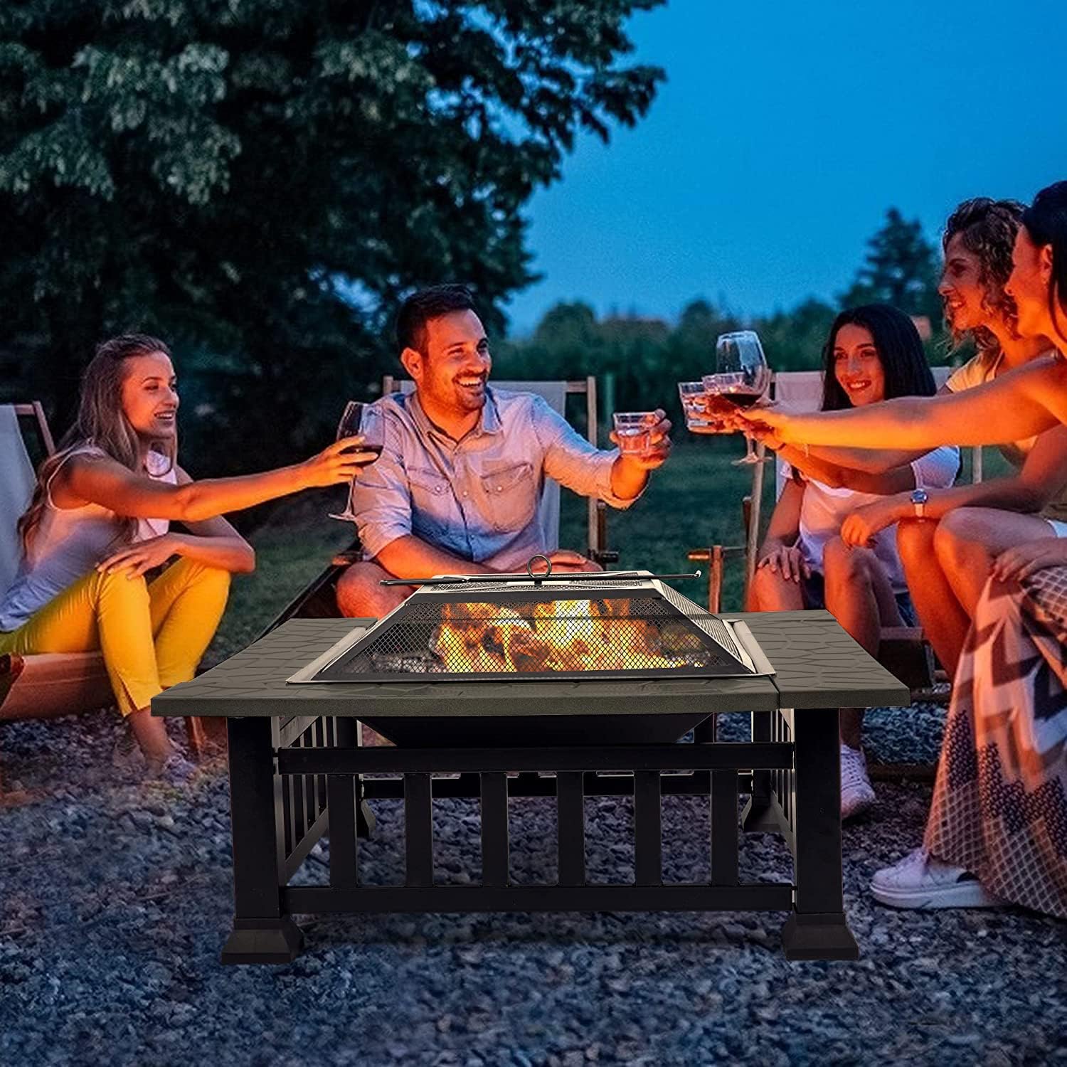 4-in-1 Fire Pit Table for Outside, 32'' Fire Pit Grill Outdoor Wood Burning with Fire Poker,Lid&Rain Cover,Square Bonfire Pits Stove for Camping Patio BBQ Balcony Beach Backyard Heating