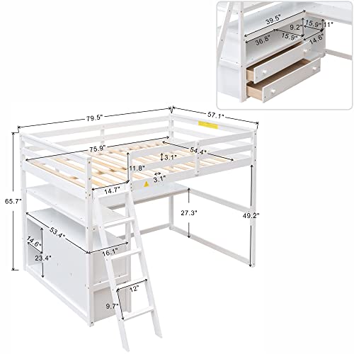 Bellemave Full Size Loft Bed with Desk & Storage, Solid Wood Loft Bed Frame with Drawers & Shelves, for Kids Teens Adults - White