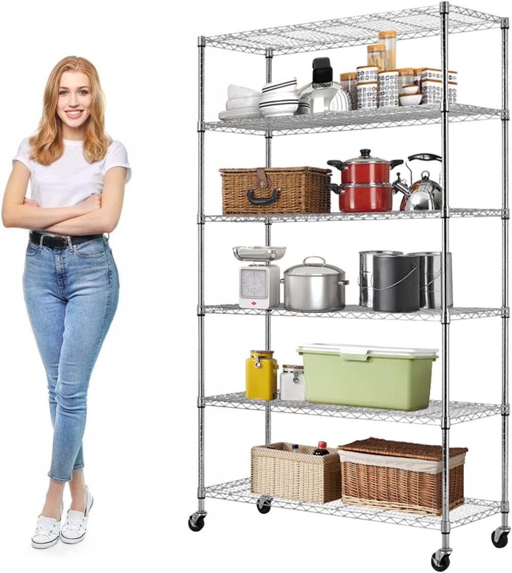 Heavy Duty Storage Shelves Hold 2100LBS Metal Shelves with Wheels Adjustable 6 Tier Wire Shelving Unit NSF Shelving for Closet Kitchen Garage Basement, 82