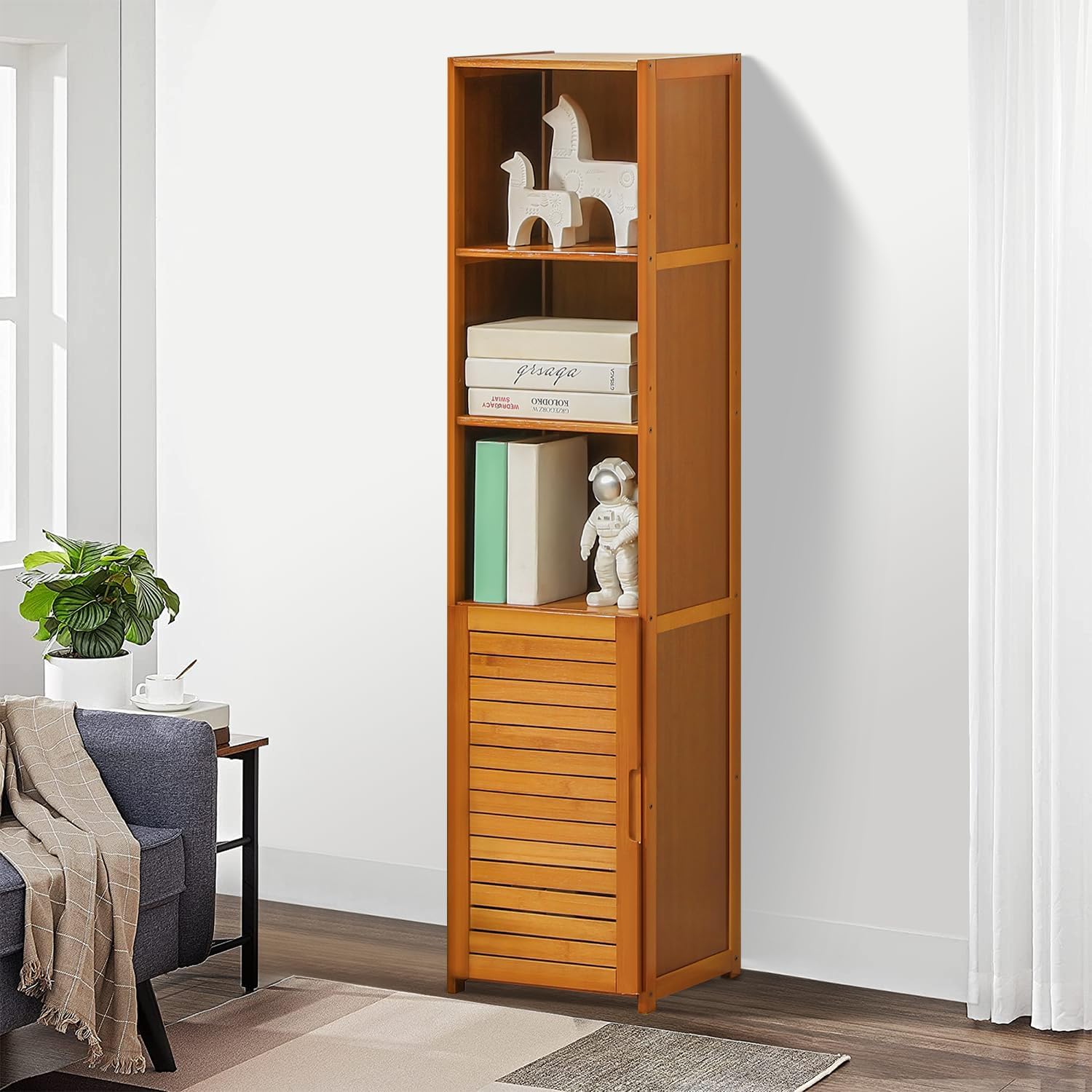 Magshion Bamboo 5-Shelves Bookshelf with Blinds Door, Brown 50