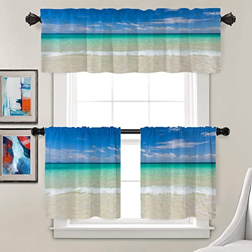Batmerry Blue Ocean Tropical Beach Valances Half Window Curtain, Let Go to The Sea Beautiful Summer Beach Kitchen Valances for Bedroom Heat Insulated for Decor Set of 2 52x18 Inch