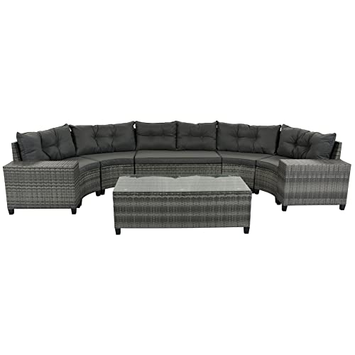 8 Pieces Patio Half-Moon Sectional Furniture, Curved Outdoor Sofa Set, Grey Wicker Patio Conversation Sets with Glass Table, Side Tables and Cushions