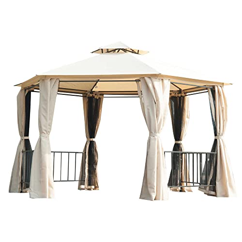 Outsunny 13' x 13' Patio Gazebo, Double Roof Hexagon Outdoor Gazebo Canopy Shelter with Netting & Curtains, Solid Steel Frame for Garden, Lawn, Backyard and Deck, Coffee
