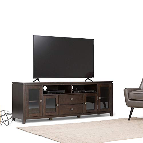 SIMPLIHOME Cosmopolitan SOLID WOOD 72 Inch Wide Universal TV Media Stand Contemporary with Storage Shelves and Cabinets, For TVs up to 80 Inches in Black, For the Living Room and Entertainment Center