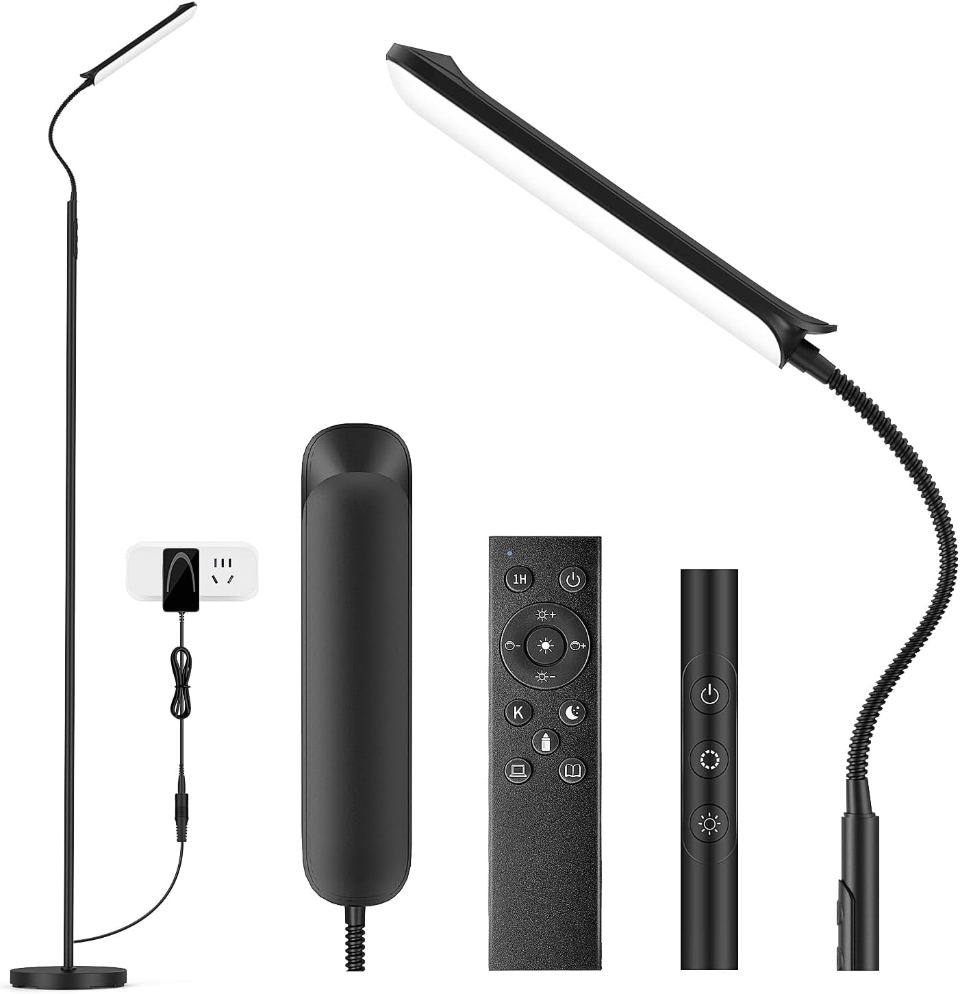 LED Floor Lamp, 18W LED Floor Lamps for Living Room, Stepless Adjustable Colors & Dimmable Standing Lamp with Timer, Remote & Touch Control, Eye Caring Gooseneck Reading Lights for Bedroom Office