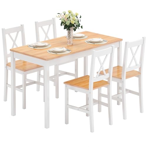 soges 5 Pieces Dining Table Set, Pine Wood Kitchen Table with 4 Chairs, 47.2 inch Kitchen Table Set for 4, Rectangular Dining Table Furniture Set for Kitchen, Dining Room, Dinette, White & Oak