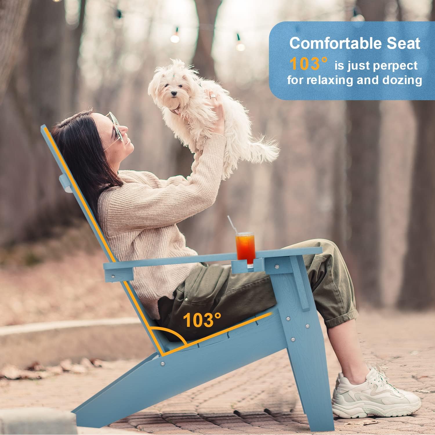 MXIMU Adirondack Chair & Ottoman 4-Piece Set, Weather Resistant Plastic Chairs with Cup Holder Adorondic Set for Area Seating Lifetime Wide Use in Backyard, Garden, Lawn, Porch (Blue)