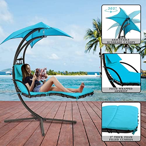 Hammock Chair Hanging Chaise Lounger Chair, Arc Stand Swing Chair w/Adjustable Canopy Built-in Pillow Patio Floating Chaise for Outdoor Indoor, 320 LBS Capacity (Blue)