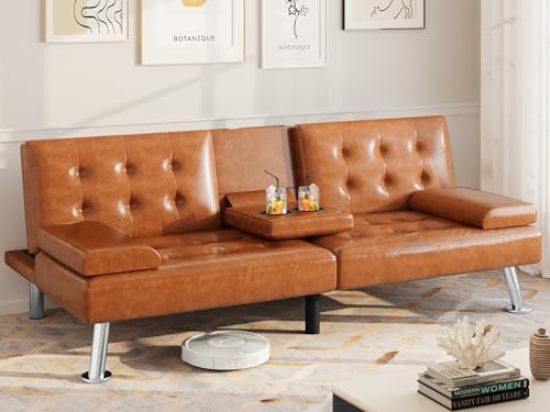 DWVO Futon Sofa Bed, Modern Folding Futon Set, Faux Leather Upholstered Modern Convertible Folding Futon Couch with Removable Armrests, Adjustable Loveseat with 2 Cup Holders for Living Room, Black