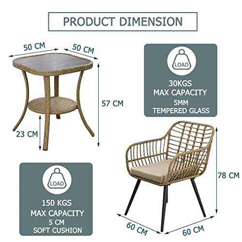 3 PCS Wicker Balcony Bistro Set, 360° Swivel Rocker Patio Chairs Set with Soft Cushions, Tempered Glass Top Table, Patio All-Weather Wicker Furniture Set - Swivel
