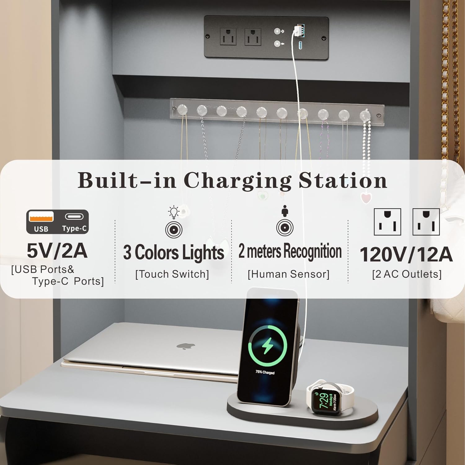 Small Vanity Desk with Mirror and Lights: Makeup Vanity Table with Combination Lock Drawers for Bedroom, Vanity Desk Set Dressing Table with Charging Station and Human Sensor(Grey)