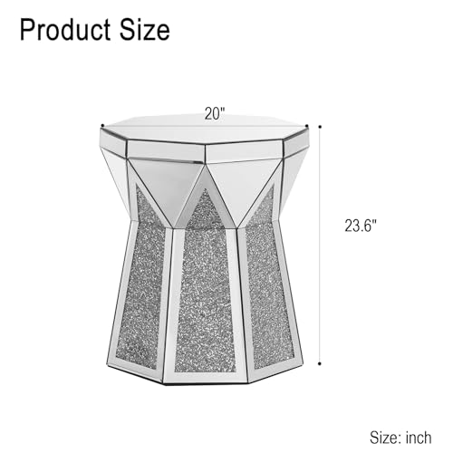 Silver Mirrored Coffee Table, Modern 2 Tier Center Table with Crystal Inlay & Stainless Steel Frame, 40
