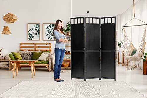 Legacy Decor 4 Panels Wooden Privacy Screen Room Divider Black Finish 5.6’ Tall