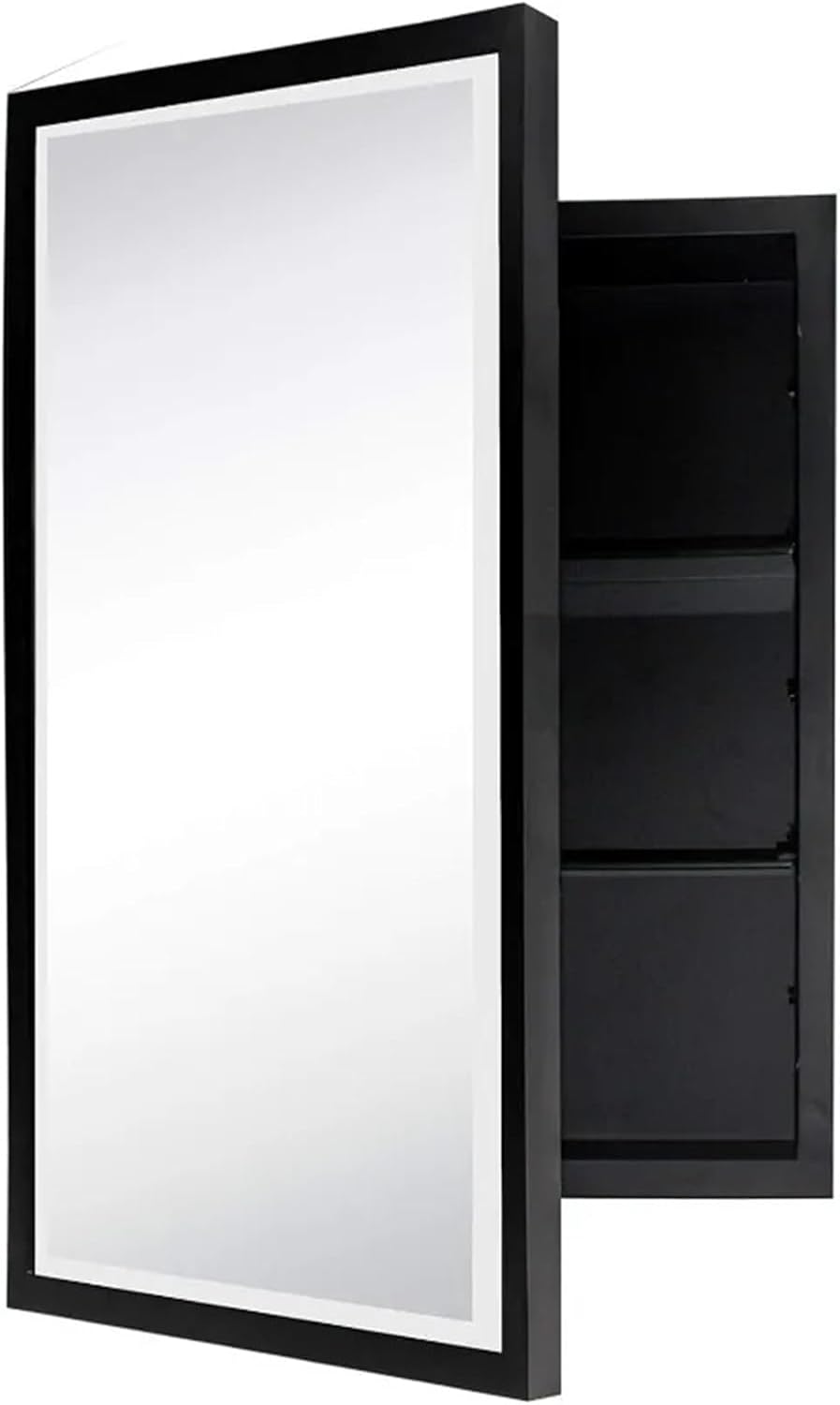 Black Metal Framed Recessed Bathroom Medicine Cabinet with Mirror Rectangle Beveled Vanity Mirror 16 x 24 inches, Decor Mirror