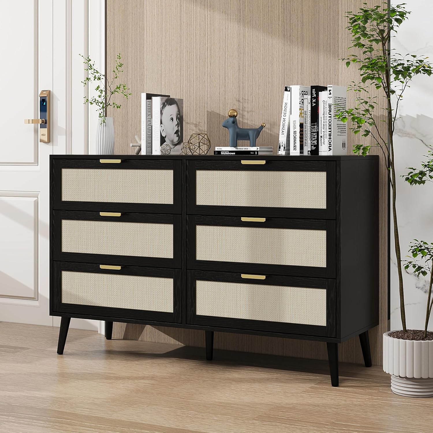 Rattan, Modern, 6 Chest of Drawers Wide Double Dressers, Wood Storage Sideboard TV Cabinet for Bedroom, Living Room, Hallway, Black