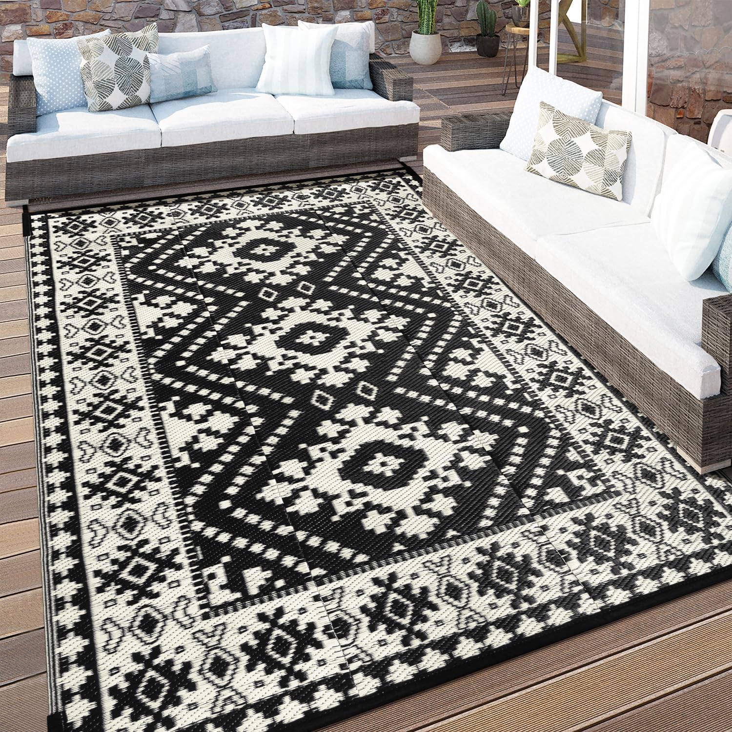 Uphome Outdoor Plastic Straw Rug 8x10ft, Reversible Boho Outdoor Rug, Waterproof Lightweight Foldable Balcony Rug, Tribal Geometric Large Indoor Outdoor Carpet for Backyard Beach Pool, Black/Brown