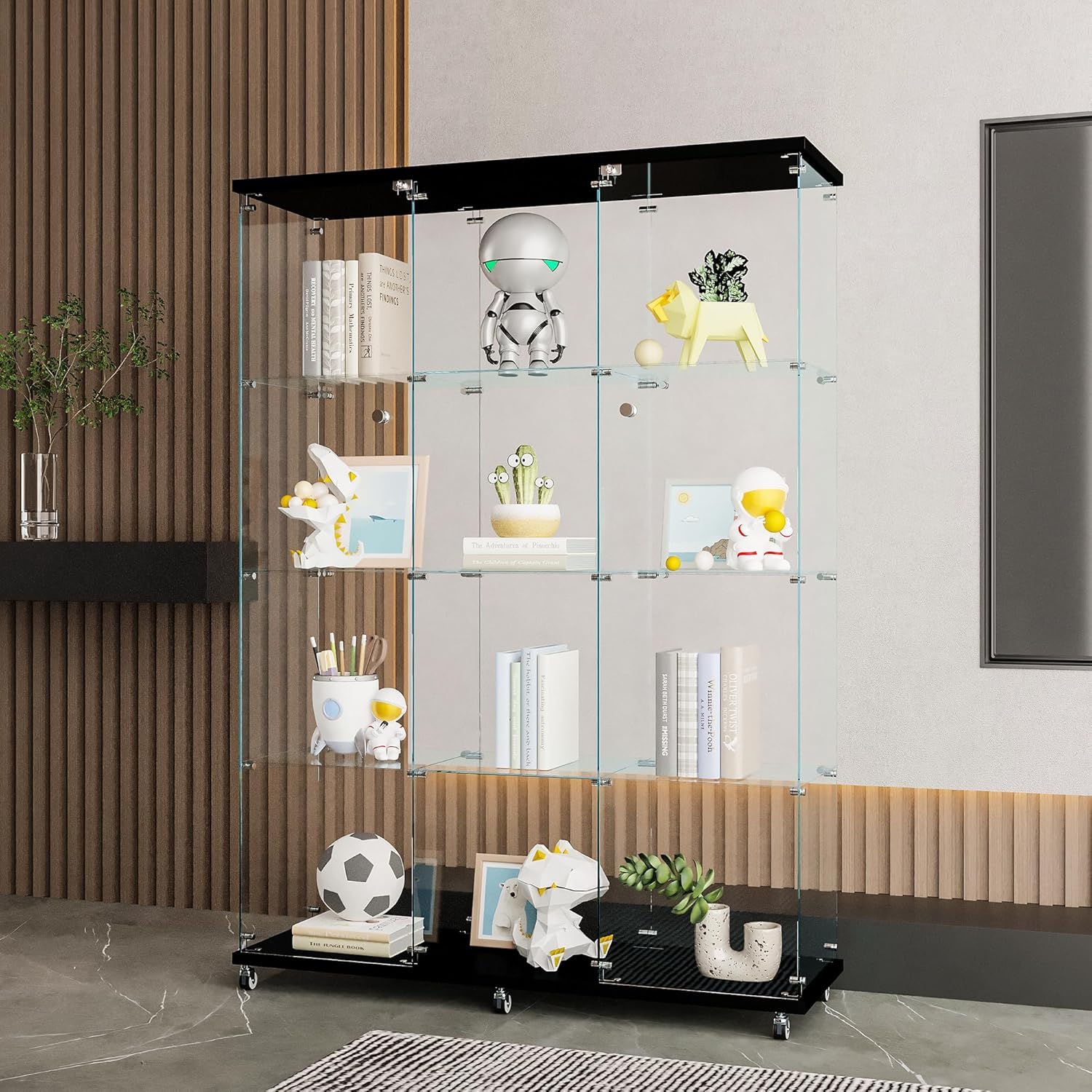 Glass Display Cabinet with 4 Shelves Extra Large, Curio Cabinets for Living Room, Bedroom, Office, Black Floor Standing Glass Bookshelf, Quick Installation，66.14”(H) x 47.64”(L) x 14.57”(W)