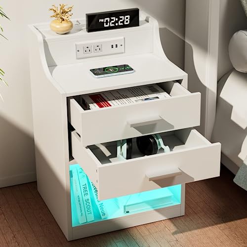 Nightstand with Charging Station and LED Lights, Night Stand with Modern Design, Bedside Table with 2 Drawers and Open Storage, Improved Nightstands for Bedroom Living Room (1, White)…
