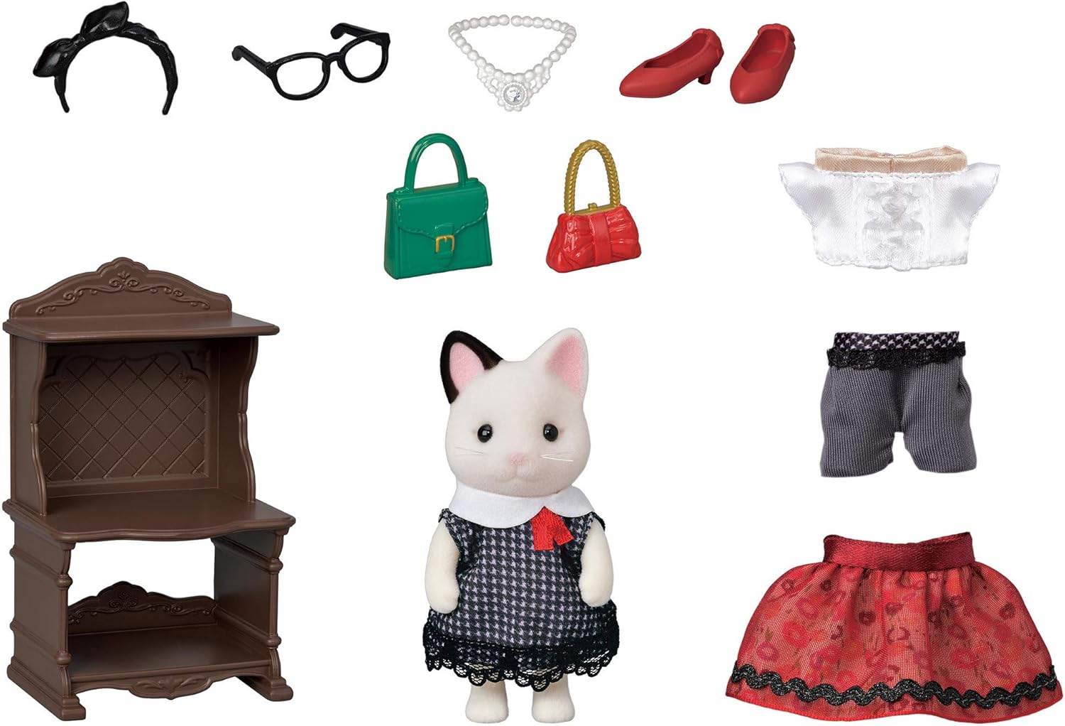 Calico Critters Fashion Playset Tuxedo Cat, Dollhouse Playset with Figure and Fashion Accessories Multicolor