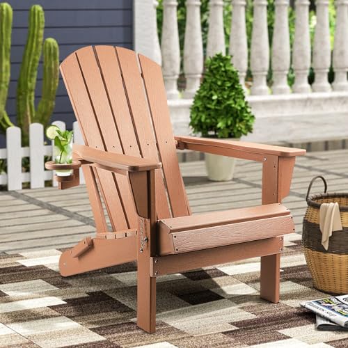 FUNBERRY Adirondack Chair,Plastic Adirondack Chairs,Wood Texture Fire Pit Chairs,Folding Adirondack Chairs,Composite Adirondack Chairs,Resin Adirondack Chairs with Cup Holder (Teak)