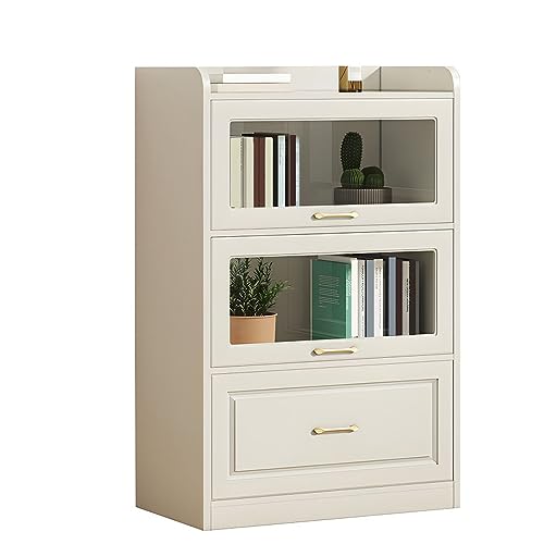 LITFAD White Wooden Bookcase Freestanding Storage Bookshelf with Glass Doors, Minimalist Home Storage Display Cabinet with Drawer for Bedroom, Study Room, Office, Library-23.5