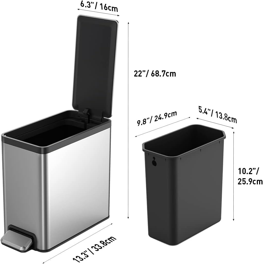 EKO Slim Small Bathroom Trash Can with Lid, Stainless Steel Kitchen Garbage Can with Removable Inner Bucket, 6L / 1.6 Gal 2 Pack Step On Trash Can Combo