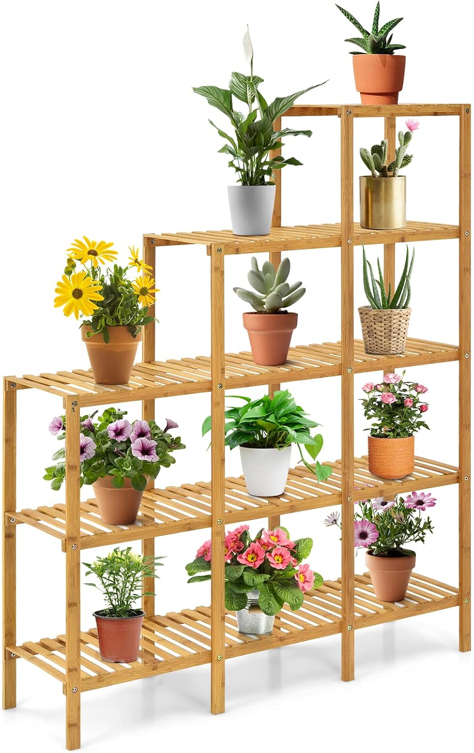 COSTWAY Bamboo Shelf Bathroom, Multifunctional 5-Tier Bamboo Plant Stand, Storage Organizer Rack, Plant Display Stand with Several Storage Cabinet