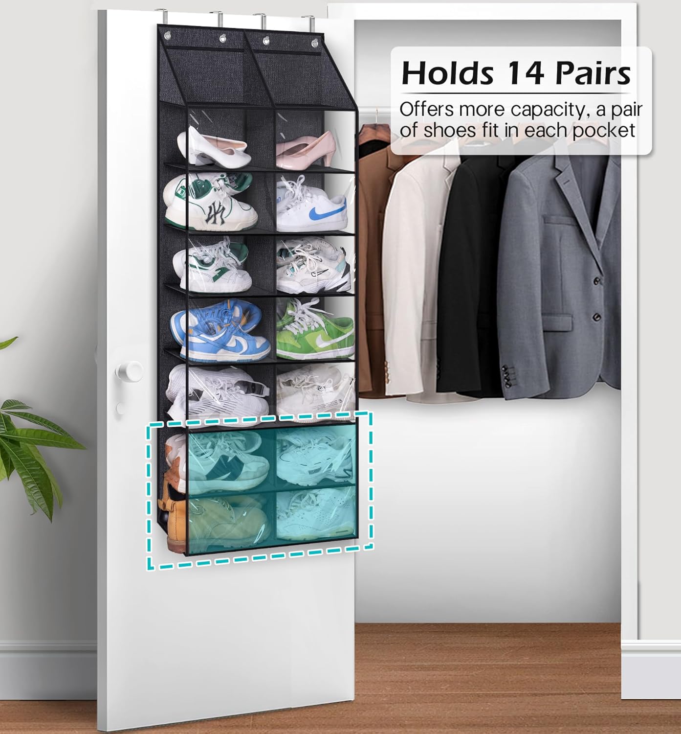 MISSLO Over the Door Shoe Rack for Door fit 14 Pairs Dustproof Over the Door Shoe Organizer Hanging for Closet Storage