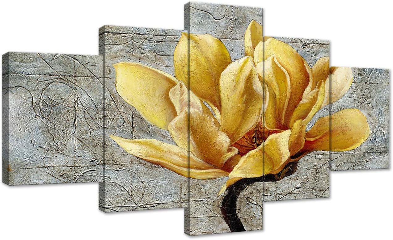 Black White Yellow Grey Rose Flower on Grey Wooden Board Modern 5 Panels Decorative Painting Canvas Wall Art for Living Room Bedroom Bathroom Stretched and Framed Ready to Hang