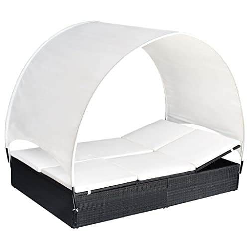 Double Sun Lounger with Canopy Poly Rattan Black,Escape to Relaxation with Our Premium 2Person Sun Lounger with Canopy Sun Loungers, Chaise Lounges, Patio Furniture