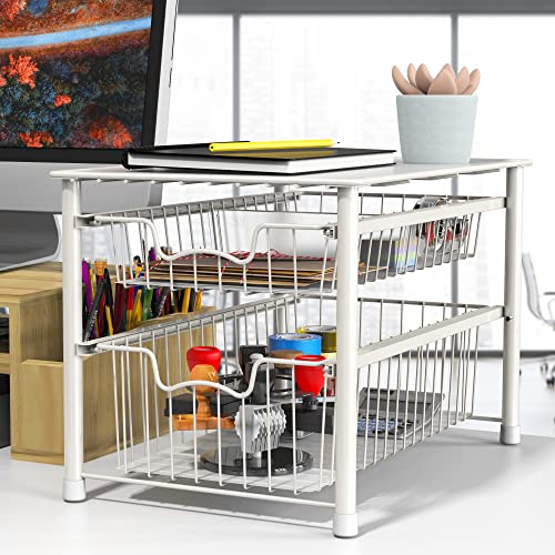 Simple Houseware 3-Tier Stackable Sliding Basket Storage Organizer Drawer for Bathroom and Kitchen, White