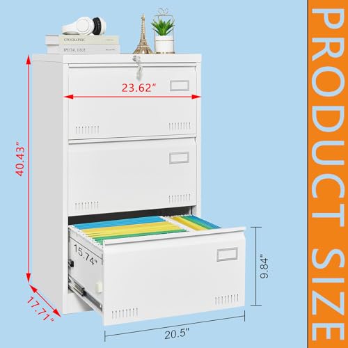 Metal Lateral File Cabinets with Lock, Vertical Filing Office Organization and Storage, Filing Cabinets for Home Office/Legal/Letter/A4,Locking Metal File Cabinet (Black, 3 Drawer)